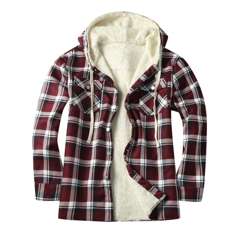 ZCFZJW Men s Plaid Fleece Hooded Jacket Casual Flannel Sherpa Fleece Lined Long Sleeves Drawstring Fuzzy Hoodie Shirt Warm Outdoor Coat Purple XXL