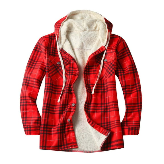 ZCFZJW Men’s Plaid Fleece Hooded Jacket Casual Flannel Sherpa Fleece Lined Long Sleeves Drawstring Fuzzy Hoodie Shirt Warm Outdoor Coat Red M