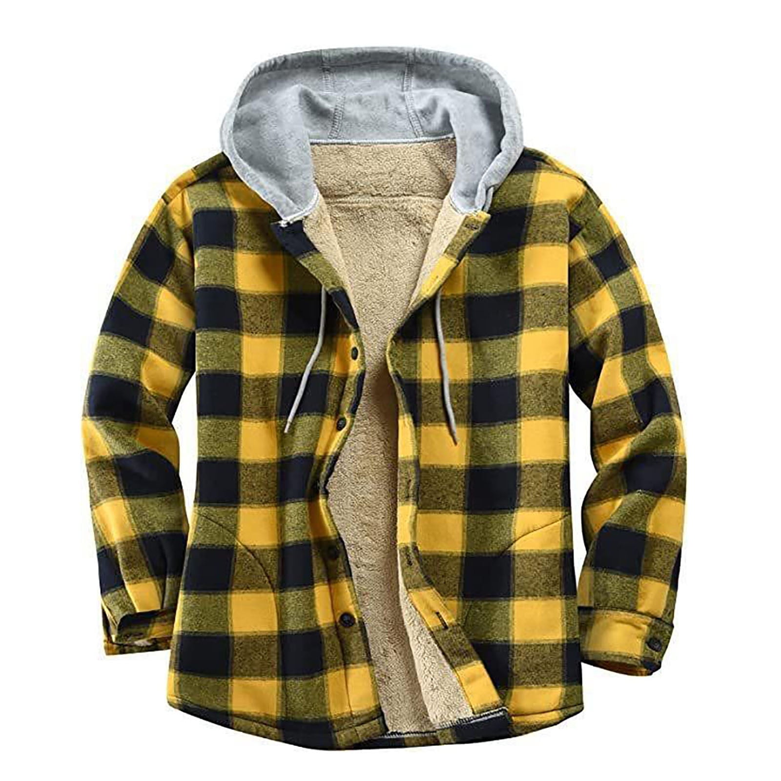 ZCFZJW Men's Plaid Hooded Flannel Jacket Winter Warm Hooded Coat Outwear  Jacket Shirt Heavy Plush Sherpa Fleece Lined Plaid Button Up Jackets Yellow 