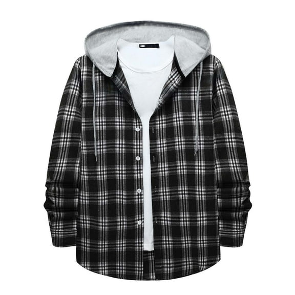 ZCFZJW Men's Plaid Hooded Shirts Fall Winter Casual Long Sleeve Regular Fit Cotton Hoodie Shirt Lightweight Thin Jackets Black L