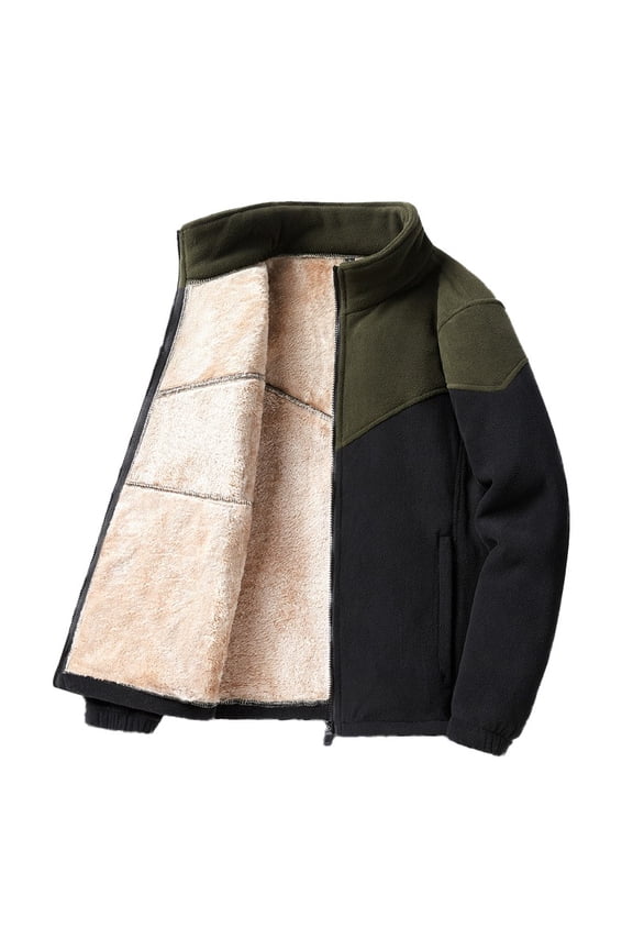 Men's Polar Fleece Sherpa Lined Jacket Color Block Print Long Seeve Thick Warm Full Zip Up Jacket Soft Outwear Winter Coat with Zipper Pocket Army Green XXXL