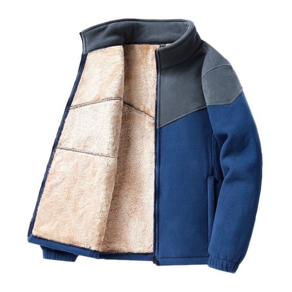 ZCFZJW Men's Polar Fleece Sherpa Lined Jacket Color Block Print Long Seeve Thick Warm Full Zip Up Jacket Soft Outwear Winter Coat with Zipper Pocket Blue XXXL