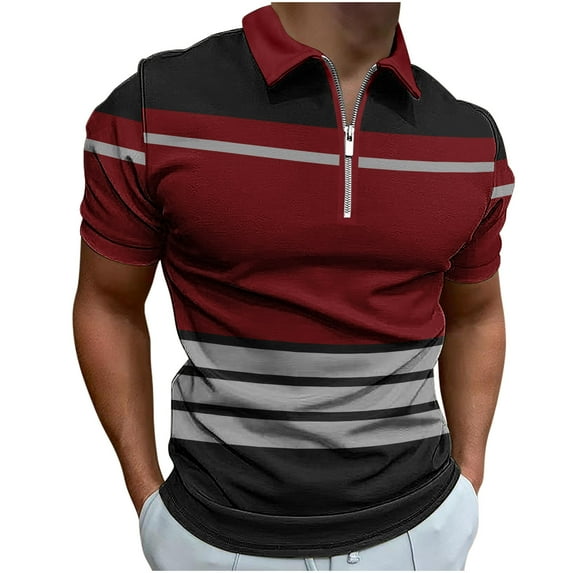 ZCFZJW Men's Polo Shirt Casual Short Sleeve Half Zip Up Striped Color Block Pattern Graphic Printed Tops Trendy Lapel Slim Fit Golf Athletic Shirts Wine L