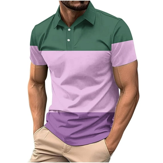 ZCFZJW Men's Polo Shirts 2024 Short Sleeve Casual 1/4 Button up Polo T Shirt Color Block Slim Fit Golf Shirts Trendy Athletic Workout T-Shirts Tops Purple L