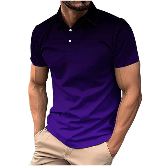 ZCFZJW Men's Polo Shirts Casual Cotton Slim Fit Tie Dye Gradient Print Summer Short Sleeve Polo Shirt Patchwork Collared Work Golf Shirt Purple L