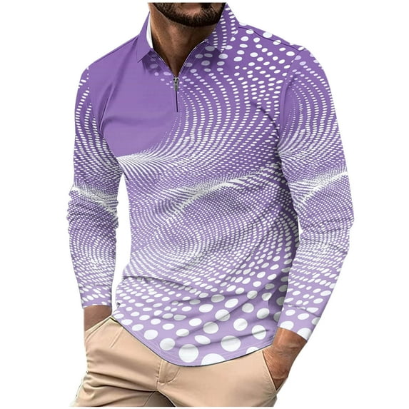 ZCFZJW Men's Polo Shirts Quarter Zip up Long Sleeve Golf Shirt Lightweight Fashion Color Block Printed Collared Tshirt Regular Fit Causal Pullover Tops Purple XXXXXL
