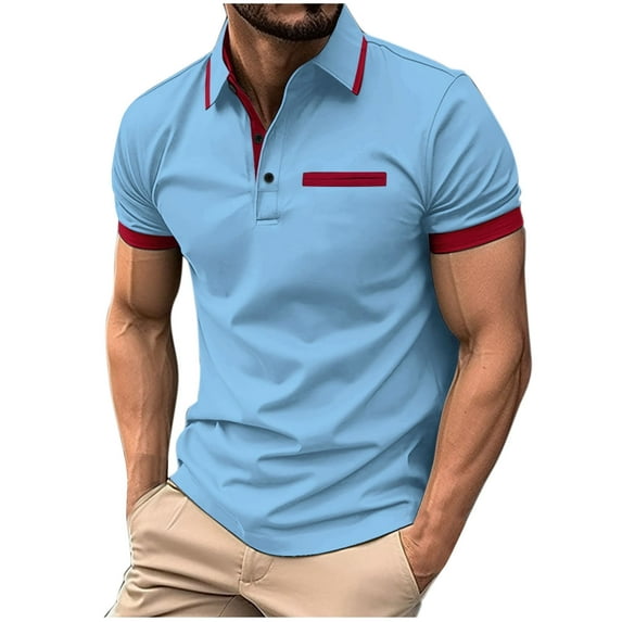 ZCFZJW Men's Polo Shirts Short Sleeve Casual Striped Color Block Print 1/4 Button up Lightweight Golf Shirts Trendy Athletic Workout T-Shirts Tops with Pocket Sky Blue M