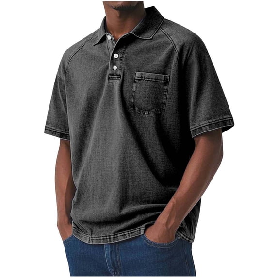 ZCFZJW Men's Polo Shirts Short Sleeve Distressed Washed Cotton T-Shirts Button Casual Summer Solid Basic Workout Tee Shirt Tops Black XXXL