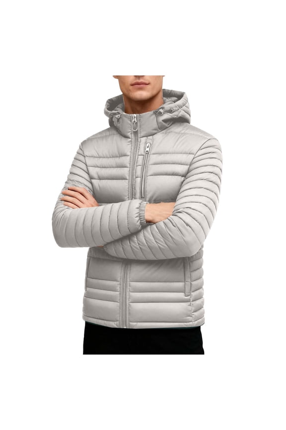 Men's Puffer Jacket with Detachable Hood Lightweight Water Resistant Long Sleeve Full Zip up Insulated Winter Puffy Coat with Multi-Pockets Khaki XXXXXL