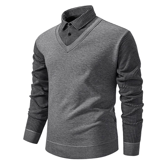 ZCFZJW Men's Pullover Button Stripe Solid Sweater Shirt Fake Two Piece Long Sleeve Lapel Collar Work Office T-Shirt Casual Button up Polo Shirt Dark Gray M