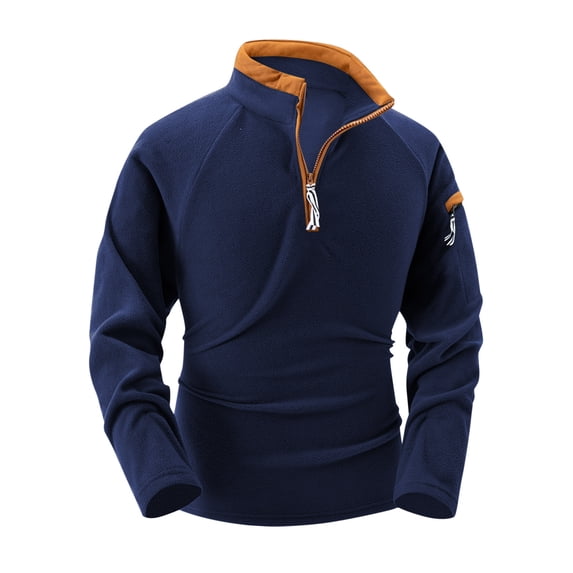 ZCFZJW Men's Pullover Shirts 1/4 Zip up Stand Collar Fleece Sweatshirts Color Block Long Sleeve Mid-Weight Running Athletic Workout Coat Navy L