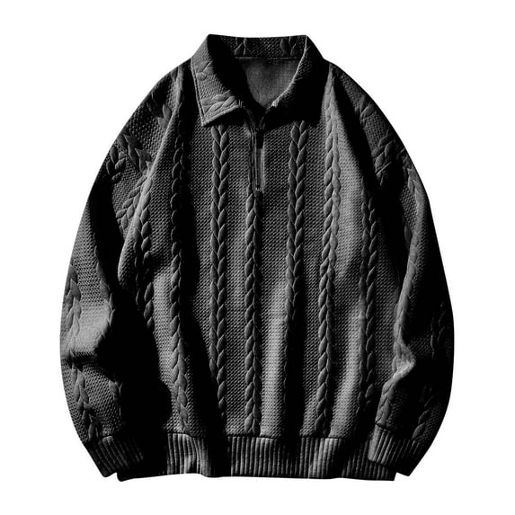 ZCFZJW Men's Quarter Zip Up Cable Knit Sweaters Slim Fit Lightweight Lapel Collar V Neck Pullover Casual Solid Color Polo Sweaters Black XL