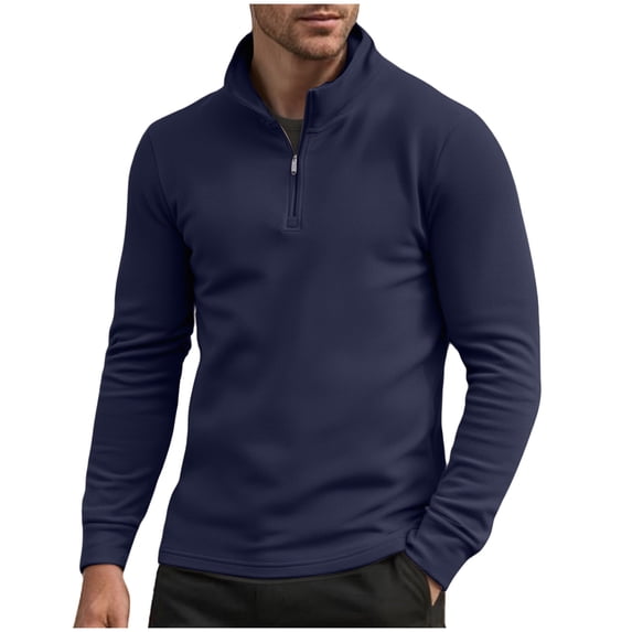 ZCFZJW Men's Quarter Zip Up Pullover Lightweight Regular Fit Casual Mock Neck Sweatshirt Trendy Fall Winter Thermal Long Sleeve Polo Shirt Navy XL