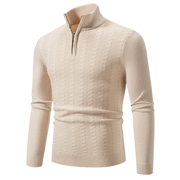 ZCFZJW Men's Quarter Zip Up Sweaters Mock Neck Polo Sweater Slim Fit Pullover Sweater Trendy Solid Color Long Sleeve Lightweight Thin Jacket Beige XL