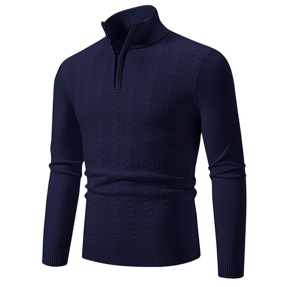 ZCFZJW Men's Quarter Zip Up Sweaters Mock Neck Polo Sweater Slim Fit Pullover Sweater Trendy Solid Color Long Sleeve Lightweight Thin Jacket Navy XL