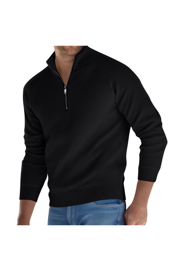 Men's Quarter Zip Up Sweaters Slim Fit Lightweight Mock Neck Pullover Casual Long Sleeve Basic Solid Color Polo Sweaters Black L