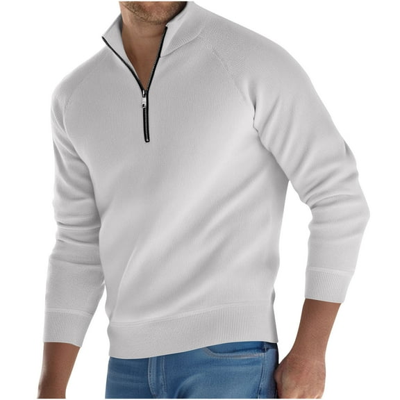 ZCFZJW Men's Quarter Zip Up Sweaters Slim Fit Lightweight Mock Neck Pullover Casual Long Sleeve Basic Solid Color Polo Sweaters White XL