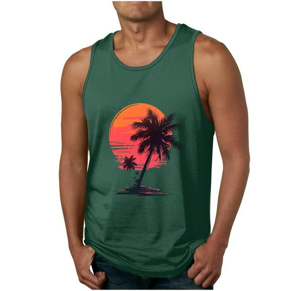 ZCFZJW Men's Quick Dry Sports Tank Tops Athletic Gym Bodybuilding Fitness Sleeveless Tropical Palm Tree Print Shirts for Beach Running Workout Green L