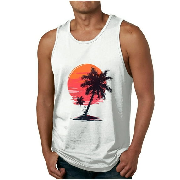 ZCFZJW Men's Quick Dry Sports Tank Tops Athletic Gym Bodybuilding Fitness Sleeveless Tropical Palm Tree Print Shirts for Beach Running Workout White S