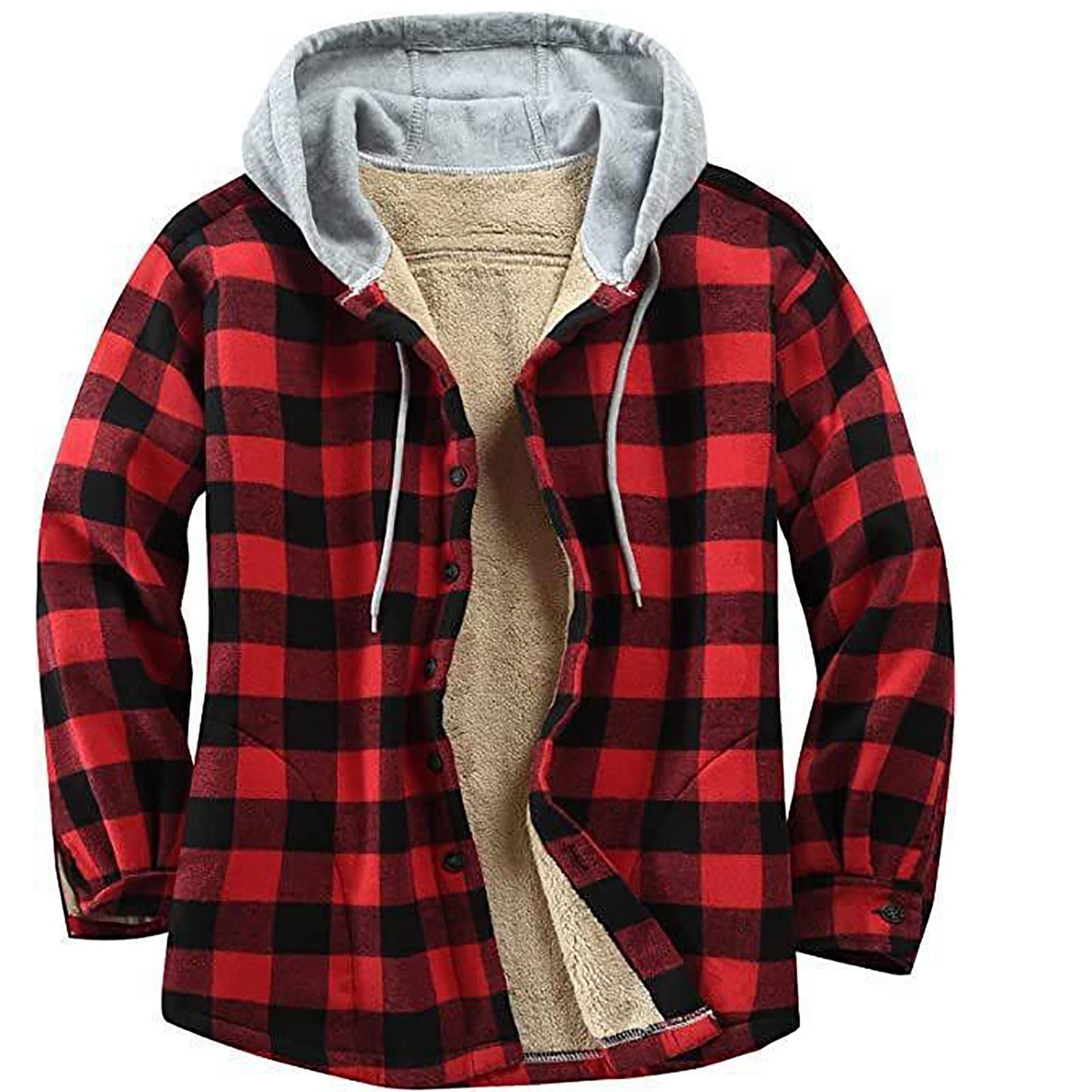 ZCFZJW Men's Quilted Lined Flannel Hooded Shirt Jacket, Soft Long Sleeve  Button Down Outdoor Plaid Sherpa Fleece Coat Jackets Red XL