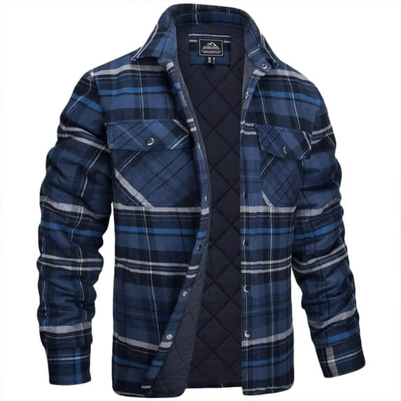 ZCFZJW Men's Quilted Lined Flannel Jacket Fashion Soft Cotton Button Down Shirt Jacket Fall Winter Thick Warm Long Sleeve Plaid Shirt Shacket with Pockets Navy XL