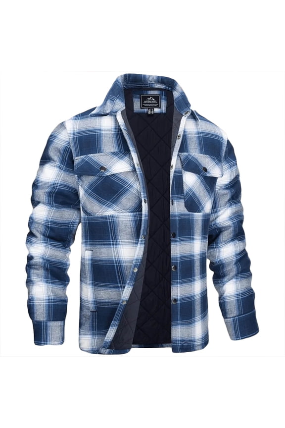 Men's Quilted Lined Flannel Jacket Fashion Soft Cotton Button Down Shirt Jacket Fall Winter Thick Warm Long Sleeve Plaid Shirt Shacket with Pockets Sky Blue L