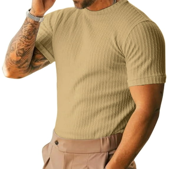 ZCFZJW Men's Ribbed Knit T Shirts Short Sleeve Crew Neck Slim Fit Stretchy Muscle Shirts Basic Solid Crewneck Athletic Tee Tops Khaki XXXL