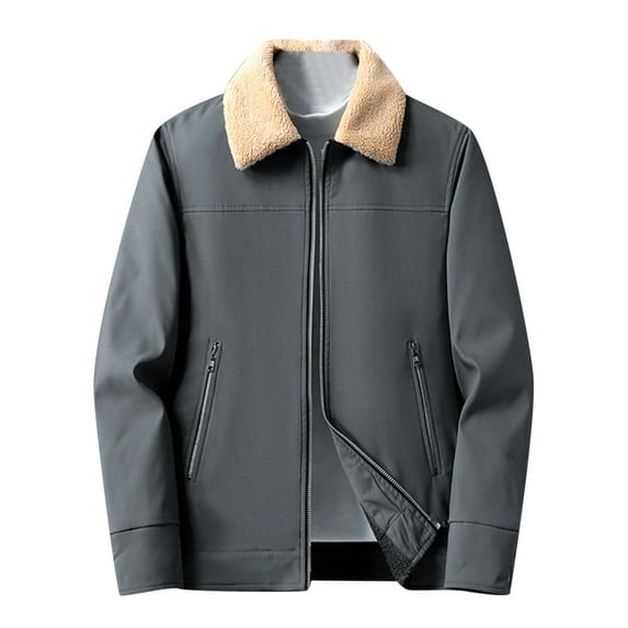 ZCFZJW Men's Sherpa Fleece Lined Jacket Lapel Cotton Full Zip Up Jacket Casual Warm Winter Solid Parka Coat Outwear with Zipper Pockets Gray XXL