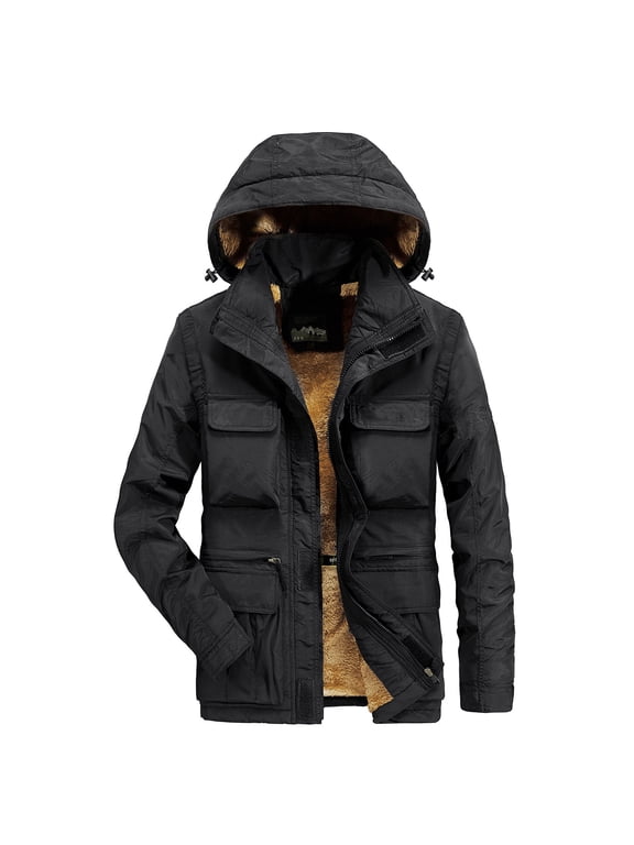 Men's Sherpa Fleece Lined Military Jacket Casual Long Sleeve Utility Cotton Lightweight Bomber Jackets with Removable Hood Black XXXXL