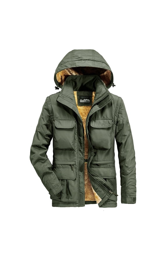 Men's Sherpa Fleece Lined Military Jacket Casual Long Sleeve Utility Cotton Lightweight Bomber Jackets with Removable Hood Green XL