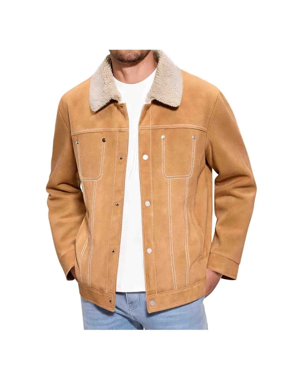 Men's Sherpa Fleece Lined Thicken Denim Jacket, Men Fashion Winter Warm Faux Suede Jacket, Slim Fit Trucker Cowboy Notch Lapel Collared Outwear Coat Khaki XL