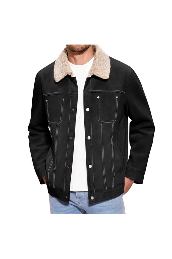 Men's Sherpa Fleece Lined Thicken Denim Jacket, Men Fashion Winter Warm Faux Suede Jacket, Slim Fit Trucker Cowboy Notch Lapel Collared Outwear Coat Black XXL