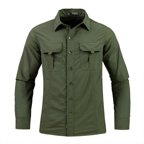 ZCFZJW Men's Shirt Button Up Sun Protection Shirt Cargo Shirt Quick Dry Fishing Cooling Long Sleeve Solid Color Button Down Shirt Outdoor Safari Shirts Hiking Army Green M