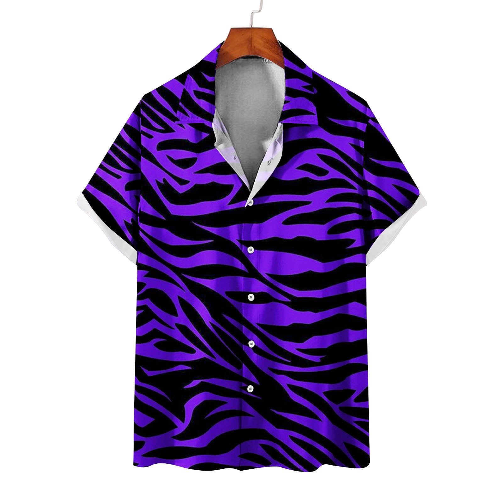 ZCFZJW Men's Shirts Casual Summer Short Sleeve 3D Leopard Striped Print  Button Down Hawaiian Shirts Loose Regular Fit Beach Holiday T-Shirt Purple L