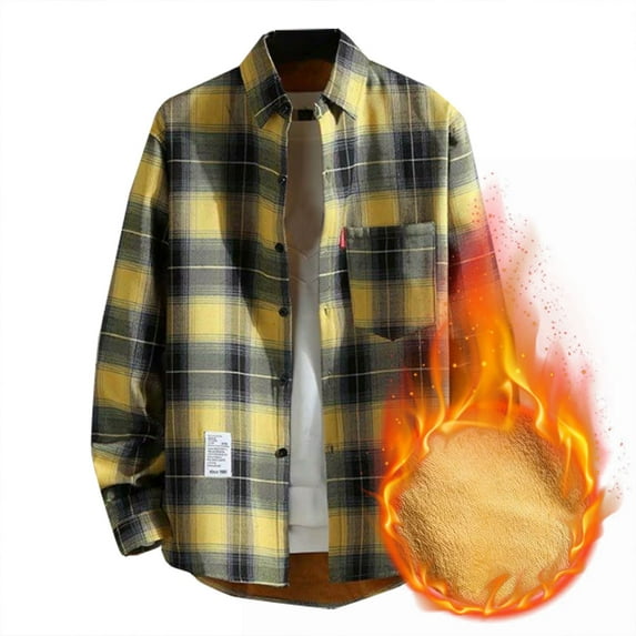 ZCFZJW Men's Shirts Jacket Casual Sherpa Fleece Lined Plaid Flannel Coats Long Sleeve Button Down Plush Thick Warn Fall Winter Outwear Yellow M
