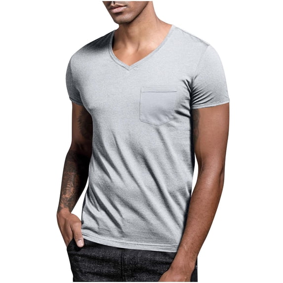 ZCFZJW Men's Short Sleeve Basic T-Shirts Lightweight Casual V Neck Muscle Fit Cotton Athletic Tees Shirt Plain Stretch Summer Beach Vacation Tops with Pocket Gray XXXXXL