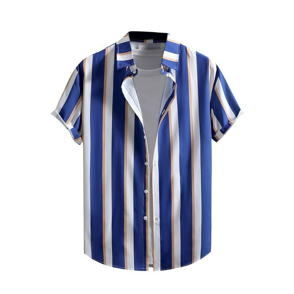 ZCFZJW Men's Short Sleeve Button Down Bowling Shirts Hawaiian Casual Striped Color Block Printed Summer Regular Fit Beach Aloha Shirt Multicolor#07 L