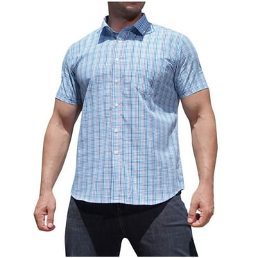 ZCFZJW Men's Short Sleeve Button Down Shirt Plaid Shirt Big and Tall Regular Fit Lapel Collared T-Shirts Tops Trendy Work Business Dress Shirt with Pockets Blue XXL