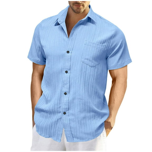 ZCFZJW Men's Short Sleeve Casual Button Down Shirts Lightweight Textured Holiday Beach Vacation T-Shirt Tops with Pocket Light Blue S