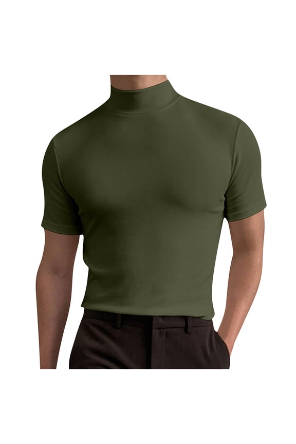Men's Short Sleeve Compression Shirts Turtleneck Athletic Quick Dry Base Layer Undershirt Running Workout Sports Gym Muscle Tees Top Army Green M