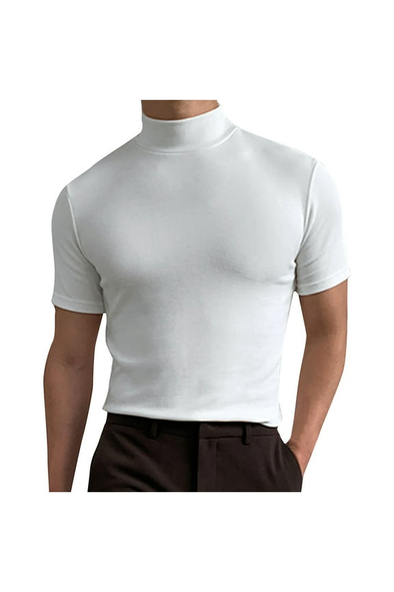 Men's Short Sleeve Compression Shirts Turtleneck Athletic Quick Dry Base Layer Undershirt Running Workout Sports Gym Muscle Tees Top White M