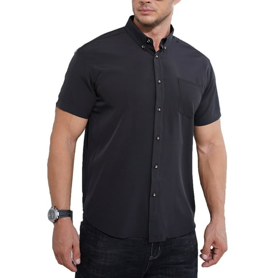 ZCFZJW Men's Short Sleeve Dress Shirts Wrinkle Free Regular Fit Dress Shirt Textured Casual Solid Color Button Down Shirts with Pocket Black XXXXXL