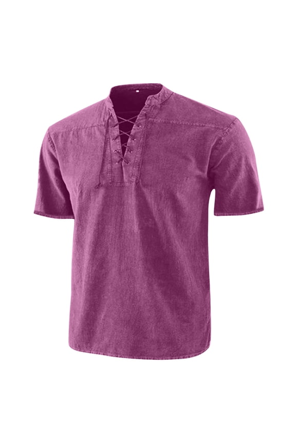 Men's Short Sleeve Pirate Shirt Medieval Retro Cross Lace-up V Neck Stand Collar Solid Color Tee Shirts Top Vintage Renaissance T-Shirts Wine M