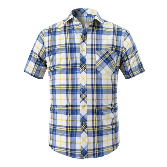 ZCFZJW Men's Short Sleeve Pocket Plaid Shirts Button Down Thin Leisure Shirts Trendy Soft Cotton Turndown Collar Plaid Shirts for Men Blue#01 M