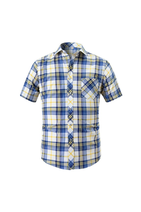 Men's Short Sleeve Pocket Plaid Shirts Button Down Thin Leisure Shirts Trendy Soft Cotton Turndown Collar Plaid Shirts for Men Blue#01 XL