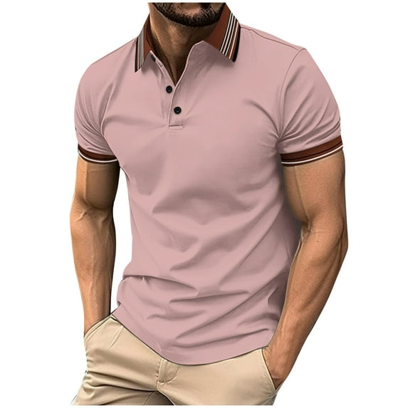 ZCFZJW Men's Short Sleeve Polo Golf Shirts 3-Button Moisture Wicking Athletic T-Shirts Casual Solid Color Athletic Golf Collared Shirt Tops Pink S