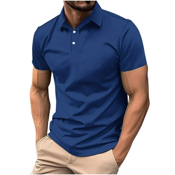 ZCFZJW Men's Short Sleeve Polo Golf Shirts Solid Color Casual Button Moisture Wicking Athletic T-Shirts Casual Collared Shirt Tops Blue M