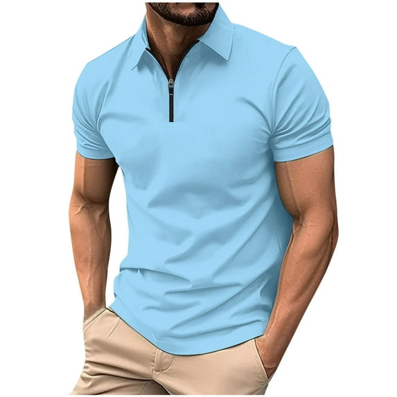 ZCFZJW Men's Short Sleeve Polo Shirts Quarter-Zip Casual Solid Color Slim Fit Lapel Collar V Neck Basic Athletic Workout Cotton Tees Shirt Tops Light Blue XXL