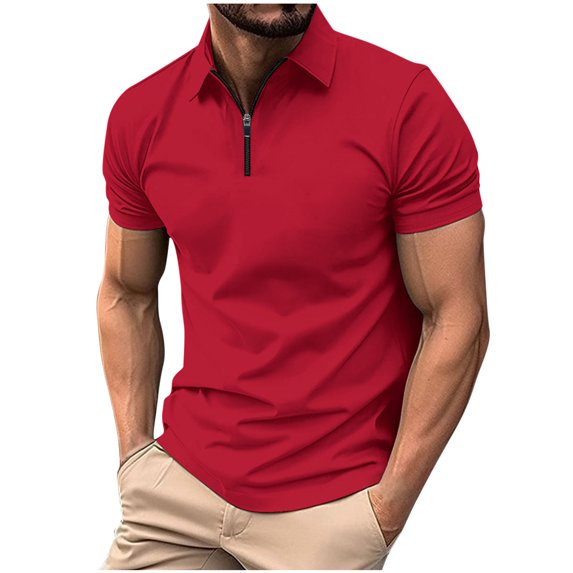 ZCFZJW Men's Short Sleeve Polo Shirts Quarter-Zip Casual Solid Color Slim Fit Lapel Collar V Neck Basic Athletic Workout Cotton Tees Shirt Tops Red L