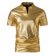 ZCFZJW Mens Short Sleeve Slim Fit Glitter Party Street Tee Shirt Casual Metallic Stand Collar T-Shirt Streetwear Nightclub Tshirts Tops Gold M
